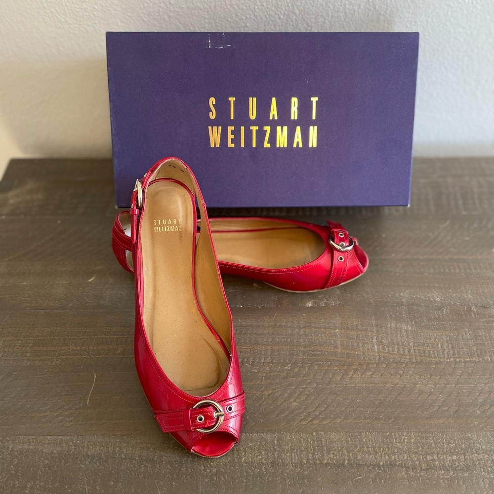 Stuart Weitzman Red Patent Leather Peep Toe Flats Size 8.5 with box.